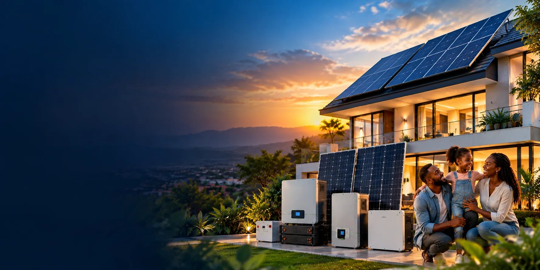 Family beside a solar-powered home and energy storage systems
