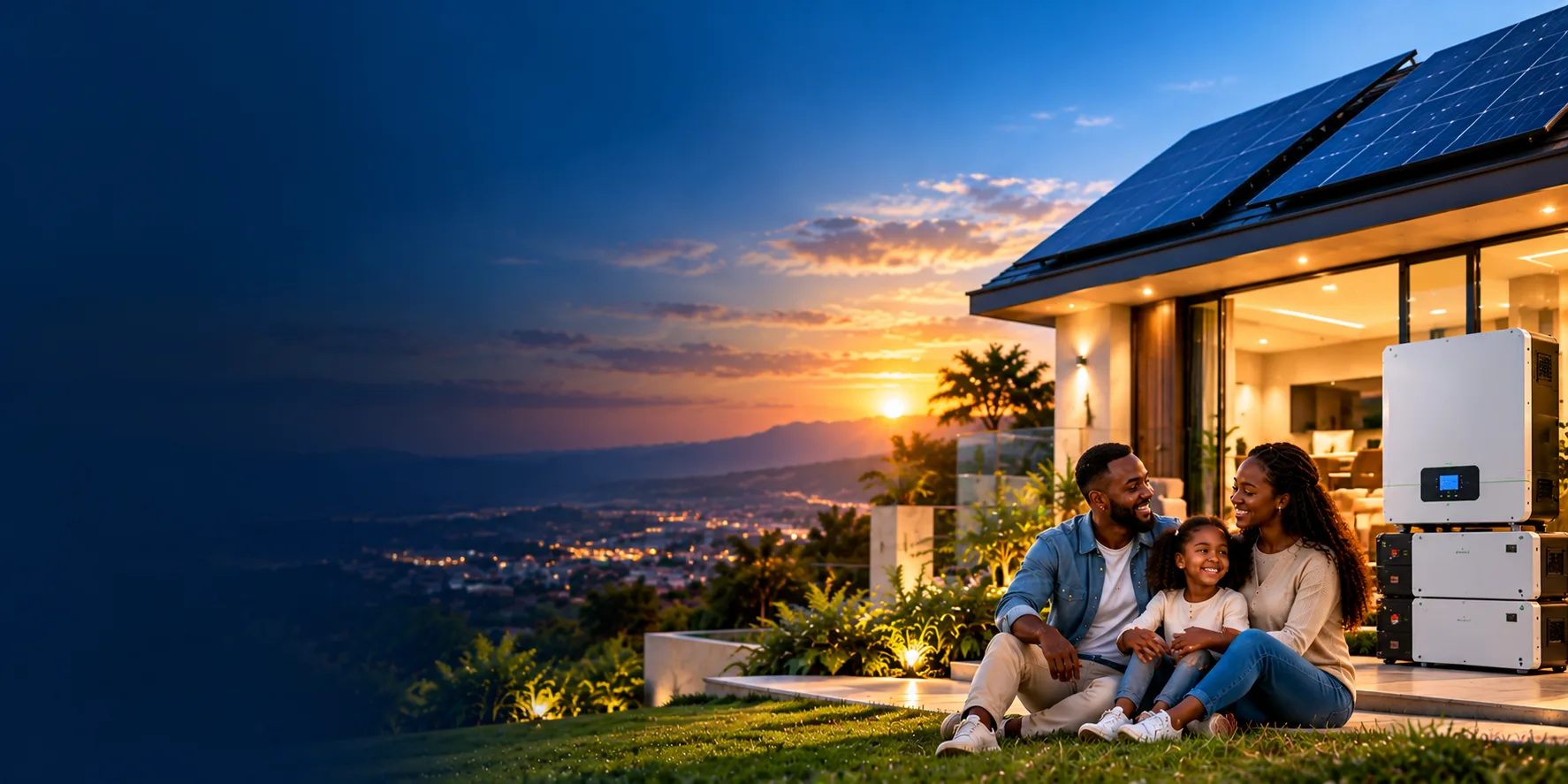 Family relaxing in the garden of a solar-powered home at sunset