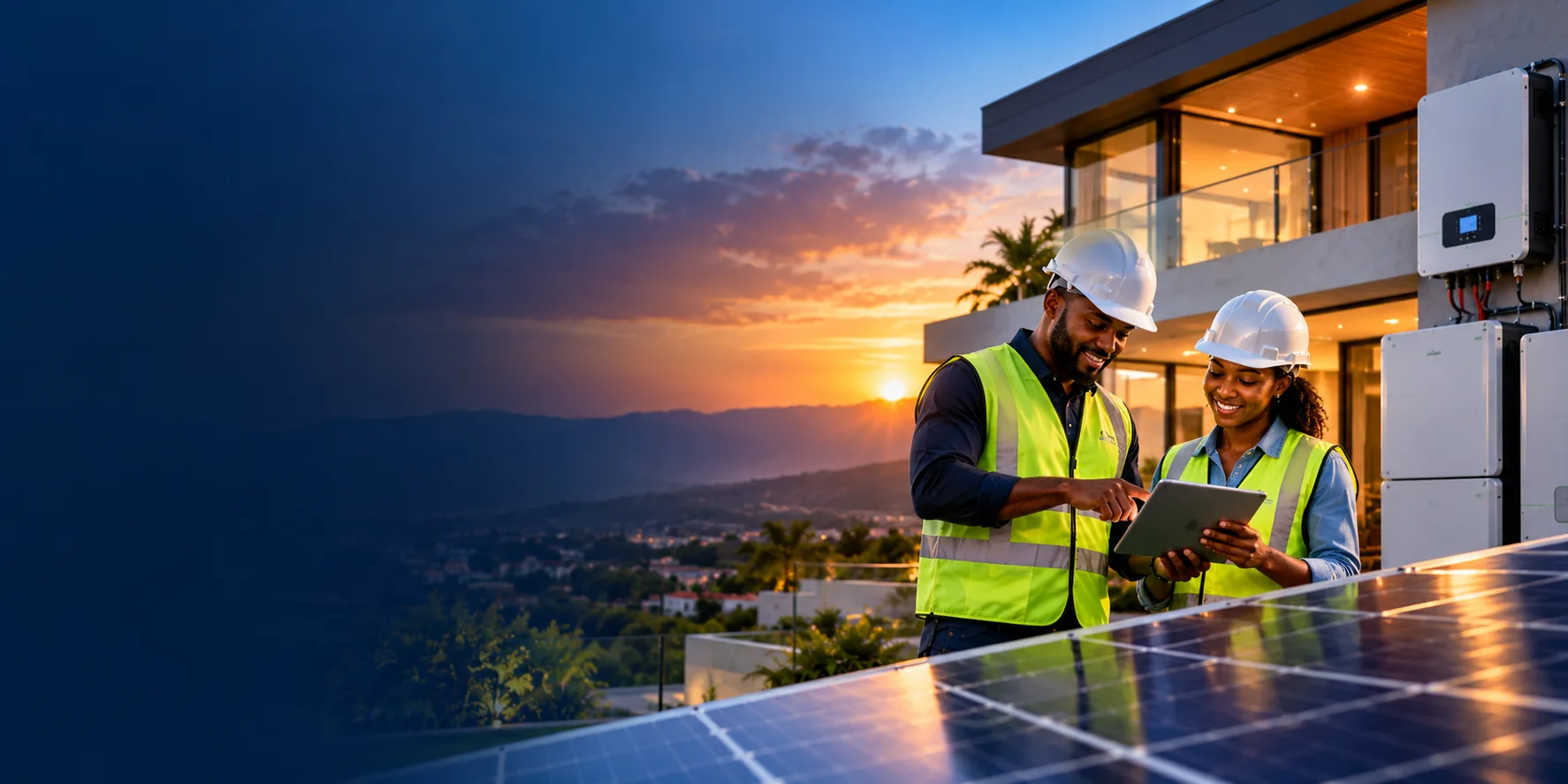 Two solar professionals reviewing a system beside solar panels